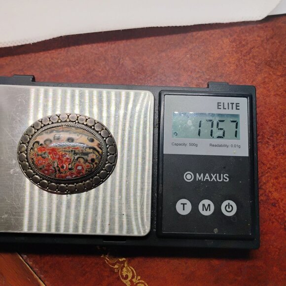 Vtg 925 Sterling Silver Leopard Jasper Brooch Pendant Picture Stone Red Brown - Picture 6 of 9